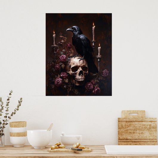 Decoupage Raven on Skull with Candles ポスター (キッチン)