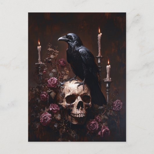 Decoupage Raven on Skull with Candles ポストカード (正面)