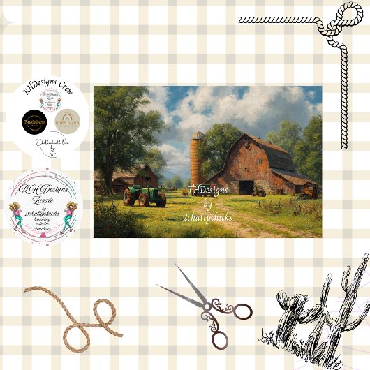 Decoupage Red Barn Farm Field & Tractor 薄葉紙