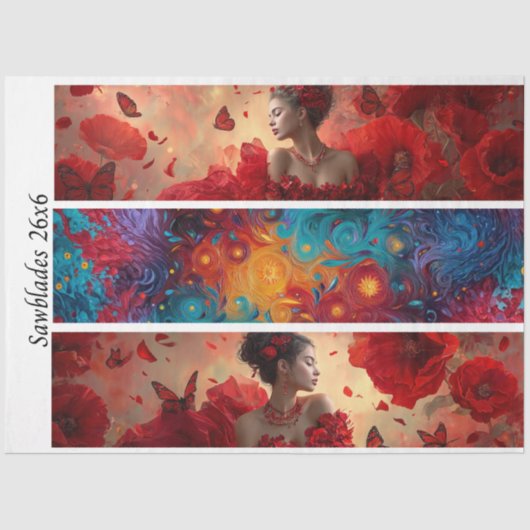 Decoupage Red Poppy Butterfly Woman Cosmic Handsaw 薄葉紙 (正面)