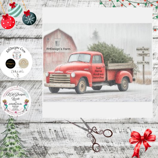 Decoupage Red Truck & Barn Farm Winter Scene 薄葉紙