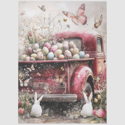 Decoupage Red Truck Bunnies Eggs Spring Easter 薄葉紙 (正面)
