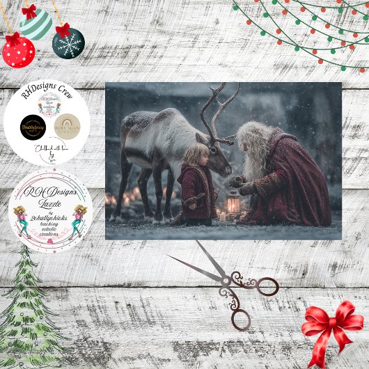 Decoupage Reindeer Child Santa Winter Scene  薄葉紙