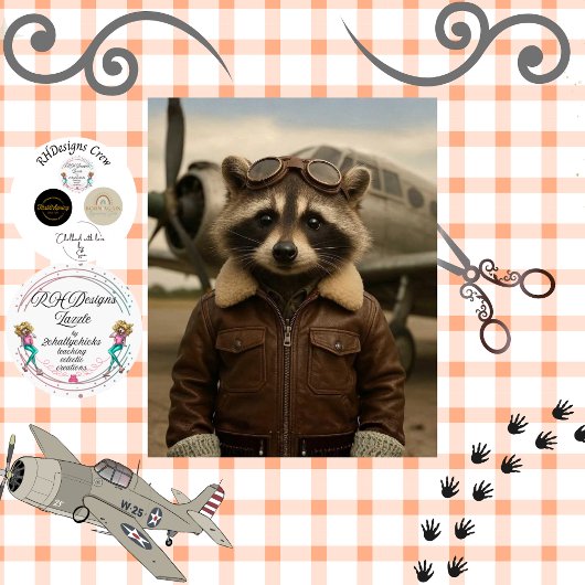 Decoupage Retro Aviation Racoon Leather Jacket  薄葉紙