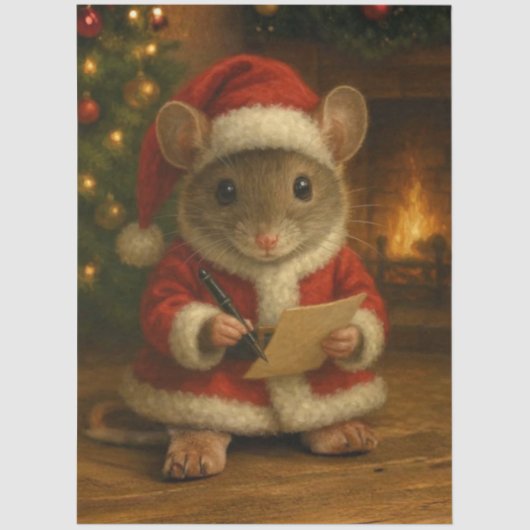 Decoupage Santa Mouse Writing a Letter 薄葉紙 (正面)