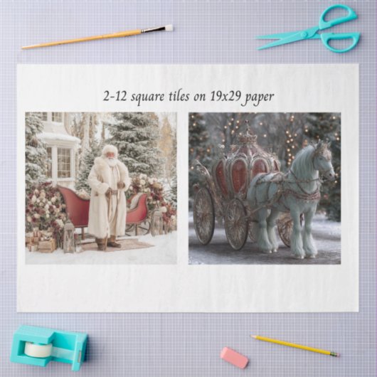 Decoupage Santa Sleigh Carriage 12s" Square Tile 薄葉紙 (クラフト)