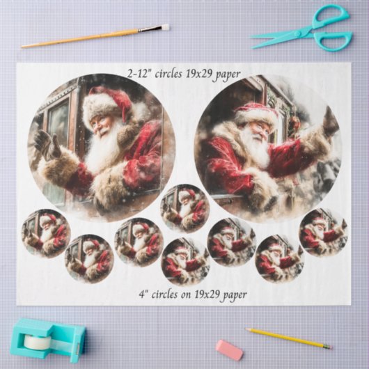 Decoupage Santa Waving From Train 12 & 4" Circles  薄葉紙 (クラフト)