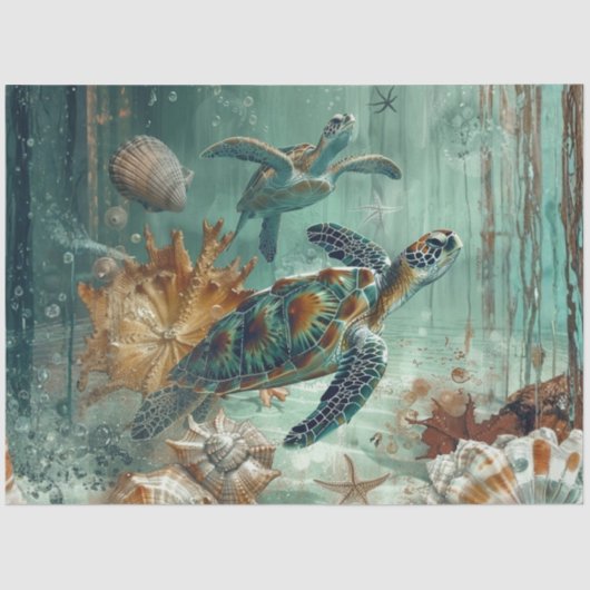 Decoupage Sea Turtle Coastal Nature Teals Greens  薄葉紙 (正面)