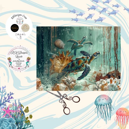 Decoupage Sea Turtle Coastal Nature Teals Greens  薄葉紙