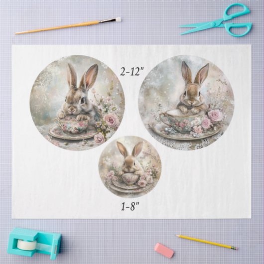 Decoupage Teacup Rabbit 12" & 8" Rounds  薄葉紙 (クラフト)