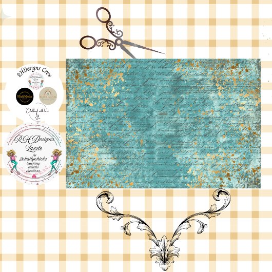 Decoupage Teal Gold Textured Faux Background  薄葉紙