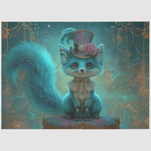 Decoupage Victorian Blue Teal Fantasy Fox  薄葉紙 (正面)