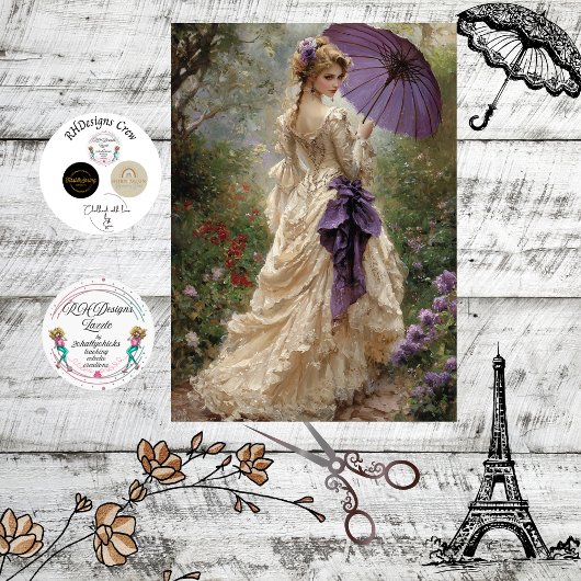 Decoupage Victorian Woman Romantic Scene Parasol 薄葉紙