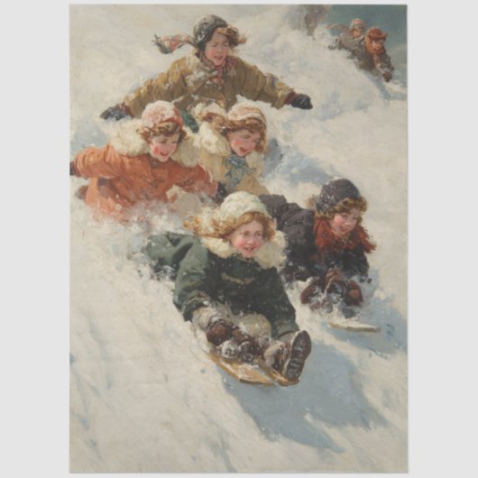 Decoupage Vintage Children Sledding Poster  薄葉紙 (正面)