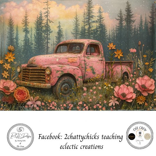 Decoupage Vintage Hippie Era Pink Truck Flowers  薄葉紙