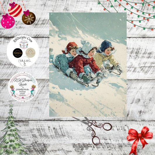 Decoupage Vintage Poster Children Sledding  薄葉紙