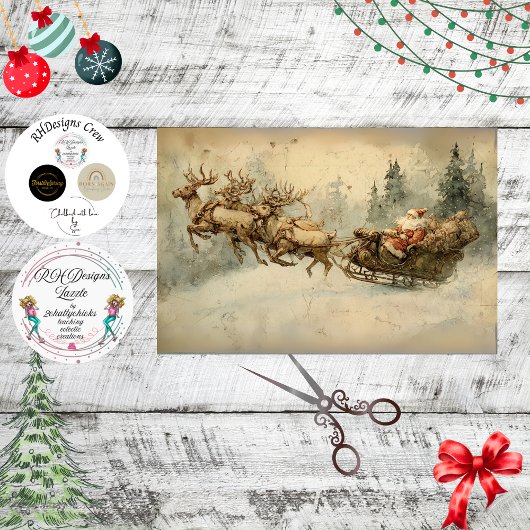 Decoupage Vintage Santa Sleigh Postcard  薄葉紙