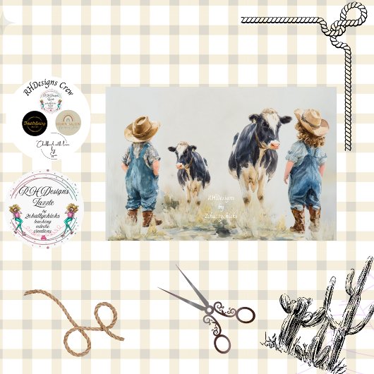 Decoupage Watercolor Cowboy Cowgirl Children Kids 薄葉紙