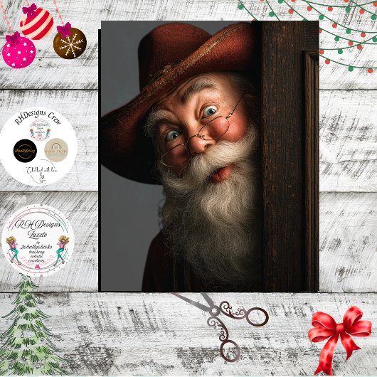 Decoupage Western Peeking Santa Clause Cowboy Hat  薄葉紙