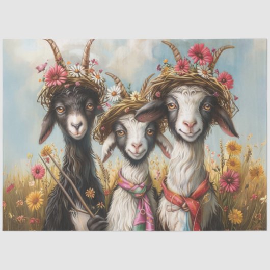 Decoupage Whimsical 3 Goats In Field 薄葉紙 (正面)