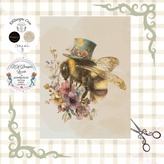 Decoupage Whimsical Bumblebee in Top Hat  薄葉紙