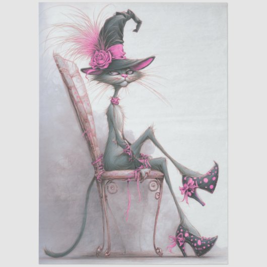 Decoupage Whimsical Cat Witch High Heels Catwalk  薄葉紙 (正面)