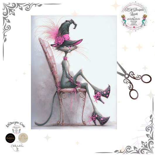 Decoupage Whimsical Cat Witch High Heels Catwalk  薄葉紙