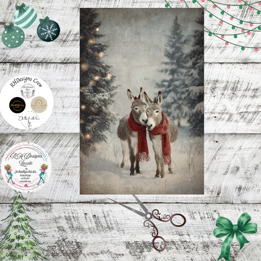 Decoupage Whimsical Christmas Donkeys Red Scarves 薄葉紙