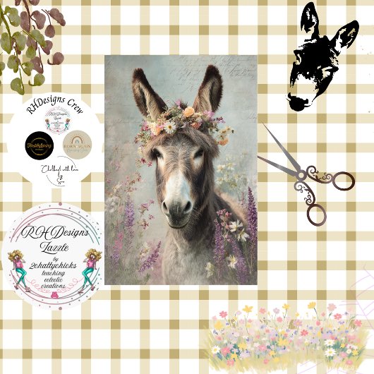 Decoupage Whimsical Floral Donkey Farm Scene 薄葉紙