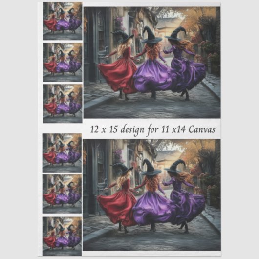 Decoupage Whimsical Halloween Witches 11x14 Canvas 薄葉紙 (正面)