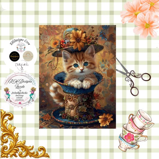 Decoupage Whimsical Kitten Ornate Teacup  薄葉紙