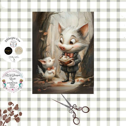 Decoupage Whimsical Pig Duo in Forest 薄葉紙
