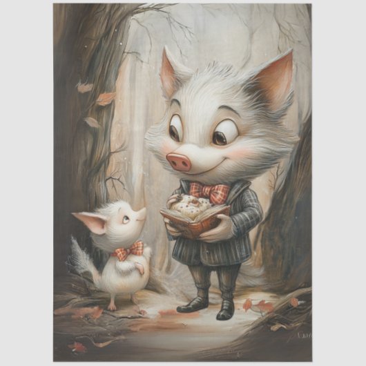 Decoupage Whimsical Pig Duo in Forest 薄葉紙 (正面)