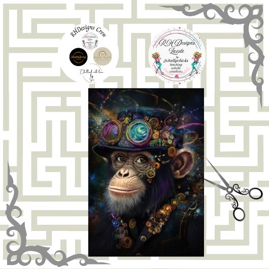 Decoupage Whimsical Steampunk Monkey Vibrant Color 薄葉紙