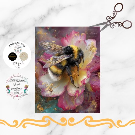 Decoupage Whimsical Vibrant Bumble Bee Pink Flower 薄葉紙