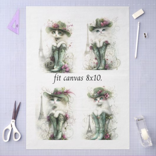 Decoupage Whimsical Wispy Cats 8 x 10 Canvas 薄葉紙 (クラフト)