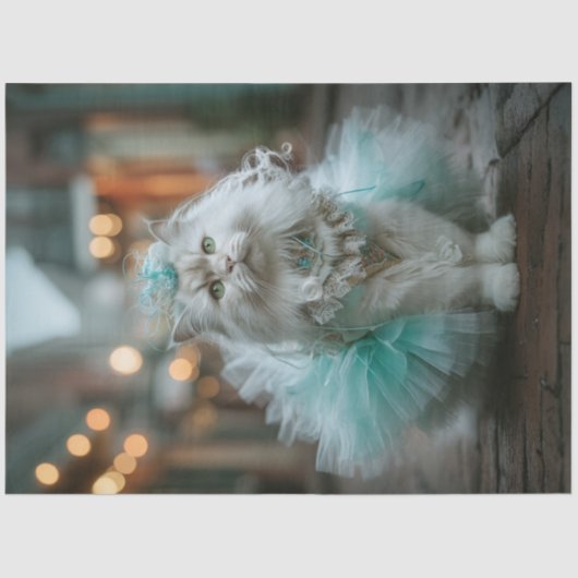 Decoupage White Feline Cat Teal Tutu Walking  薄葉紙 (正面)