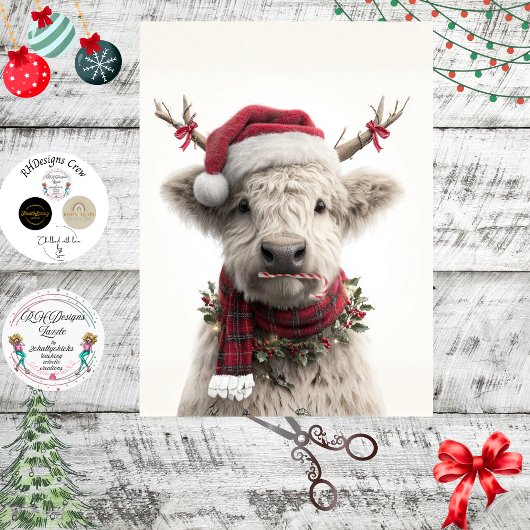 Decoupage White Highland Calf Antlers Candy Cane  薄葉紙