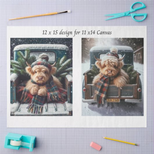 Decoupage Winter Highland Cow 11x14 Canvas 薄葉紙 (クラフト)