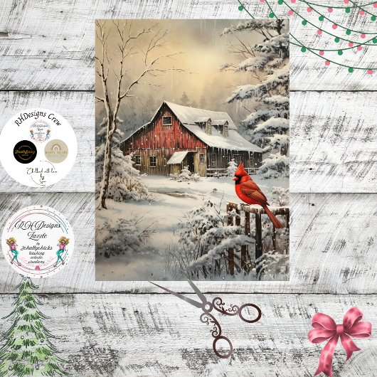 Decoupage Winter Scene Red Barn Cardinal Snow 薄葉紙