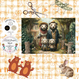 Decoupage Woodland Bear Family Twin Cubs Vintage 薄葉紙