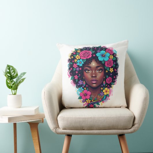 Deep Black Woman W/ Bright Flower Adorned Afro クッション (椅子)
