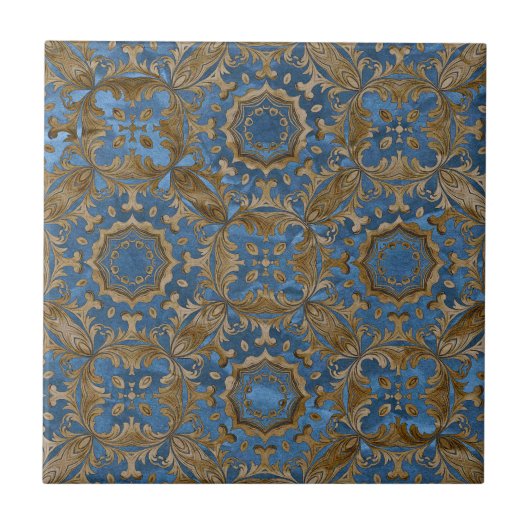 Deep Blue and Gold Ornate Medallion Pattern タイル (正面)
