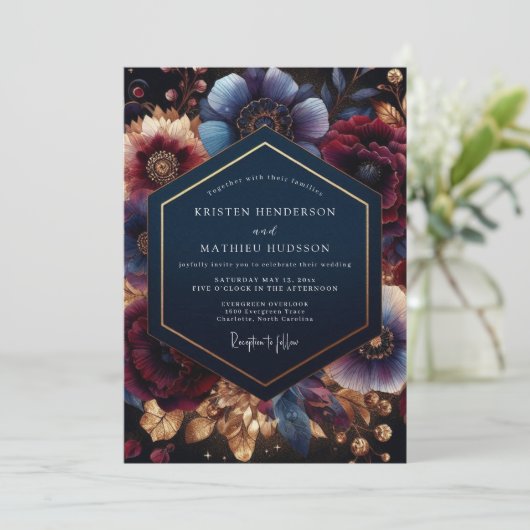 Deep Blue Botanical Bloom Wedding 招待状 (スタンド正面)