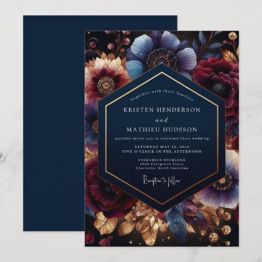 Deep Blue Botanical Bloom Wedding 招待状 (正面/裏面)