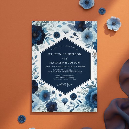 Deep Blue Botanical Bloom Wedding 招待状