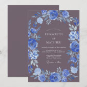 Deep Blue Botanical Flourish Wedding 招待状 (正面/裏面)
