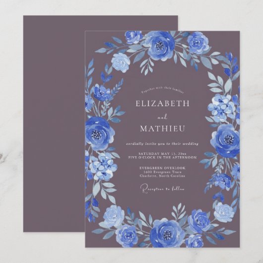 Deep Blue Botanical Flourish Wedding 招待状 (正面/裏面)