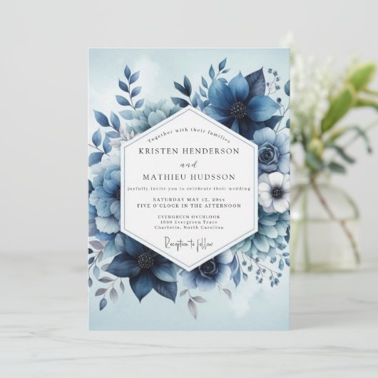 Deep Blue Botanical Whimsy Wedding 招待状 (スタンド正面)