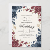 Deep Blue Burgundy Floral Flourish Wedding 招待状 (正面)